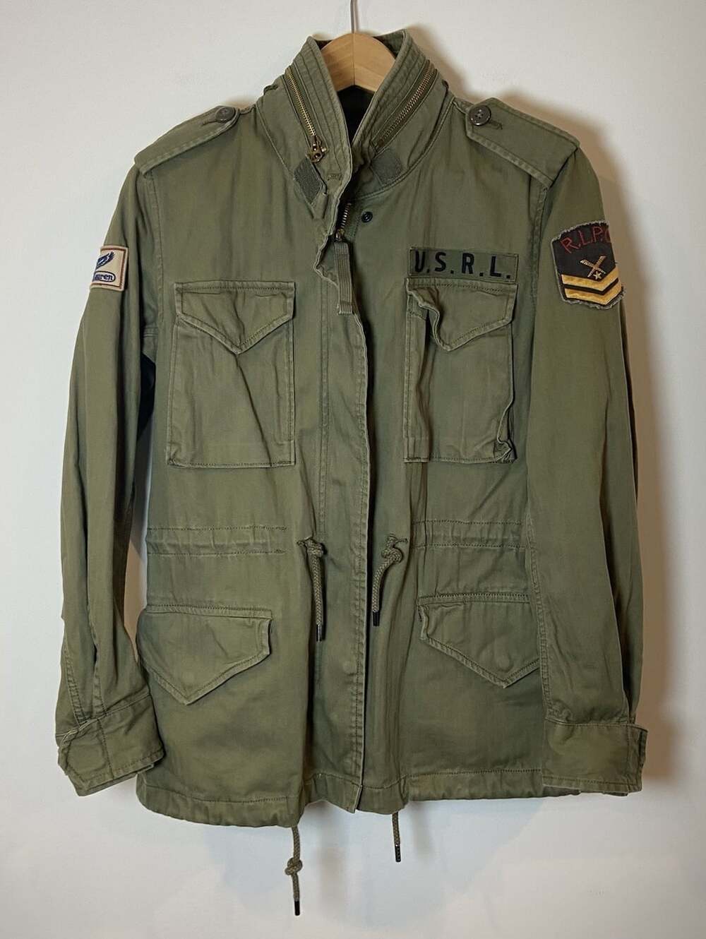Polo Ralph Lauren Military Field Jacket Hood Tie Patches Olive Green XS